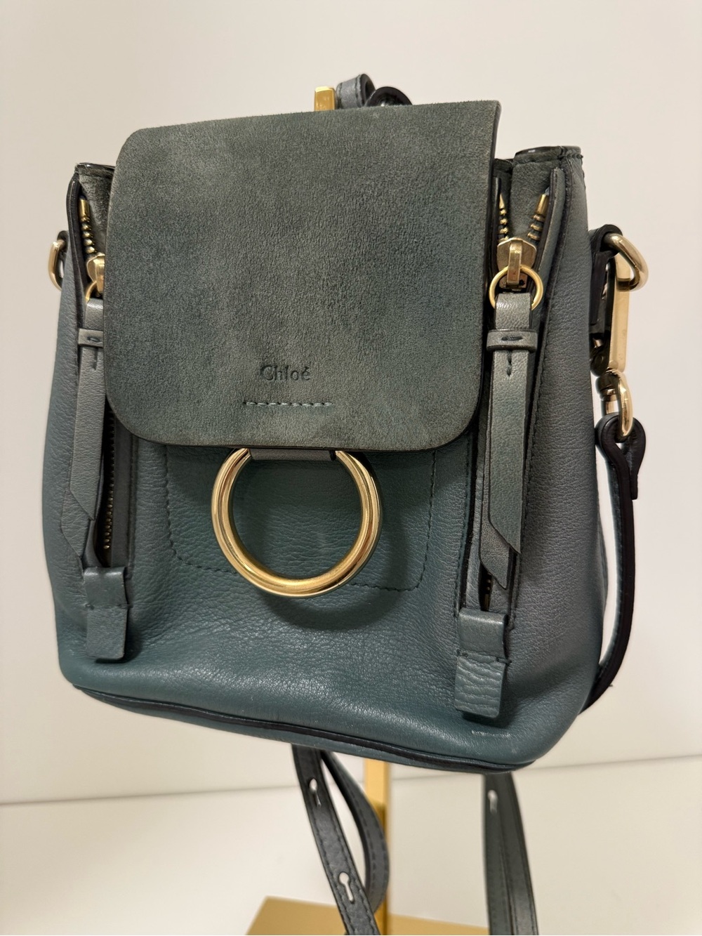 Chloe 3 Way Small Leather Backpack in blue steel
